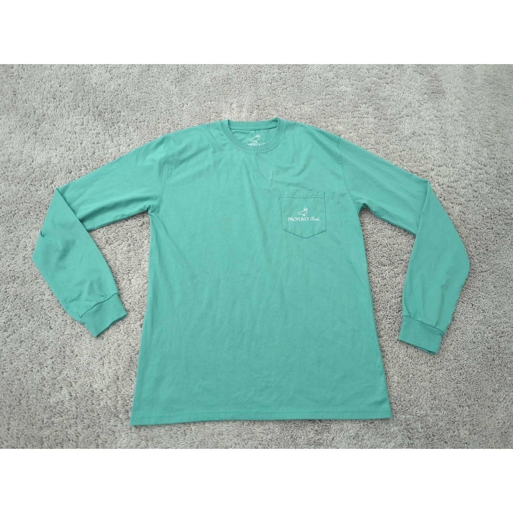 Properly‎ Tied T Shirt Mens M Green Long Sleeve Pocket Tee Sleigh Dogs Christmas